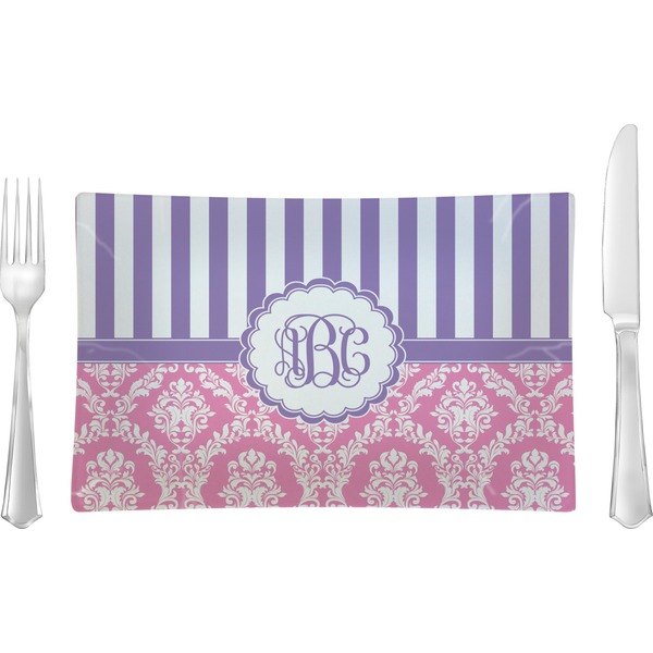 Custom Pink & Purple Damask Rectangular Glass Lunch / Dinner Plate - Single or Set (Personalized)