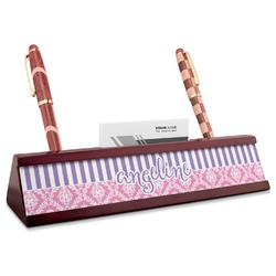Pink & Purple Damask Red Mahogany Nameplate with Business Card Holder (Personalized)