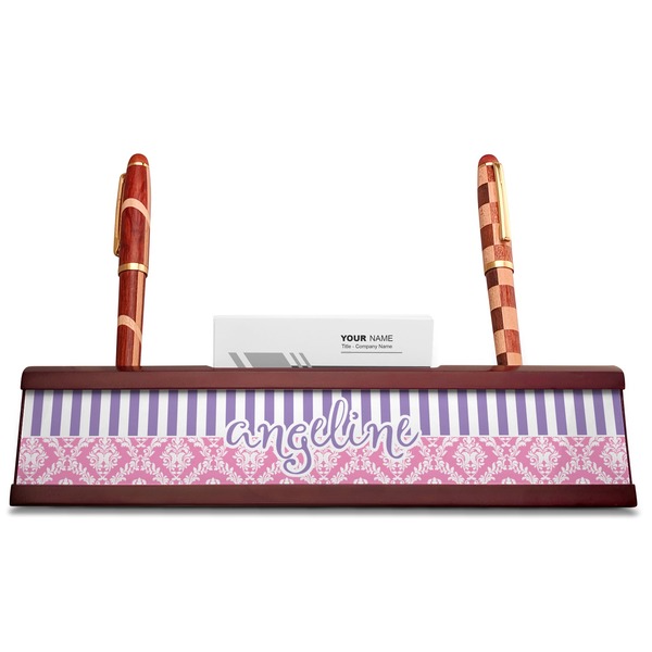Pink & Purple Damask Red Mahogany Nameplates with Business Card Holder - Straight