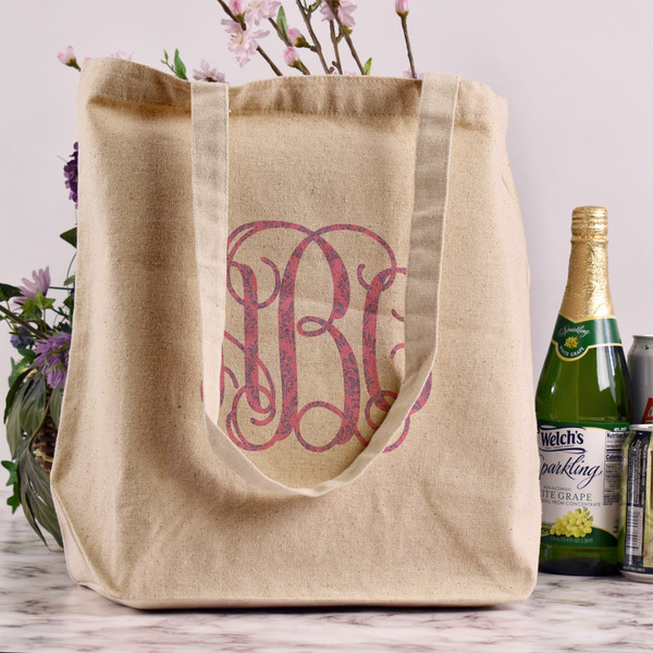 Pink & Purple Damask Reusable Cotton Grocery Bag - In Context