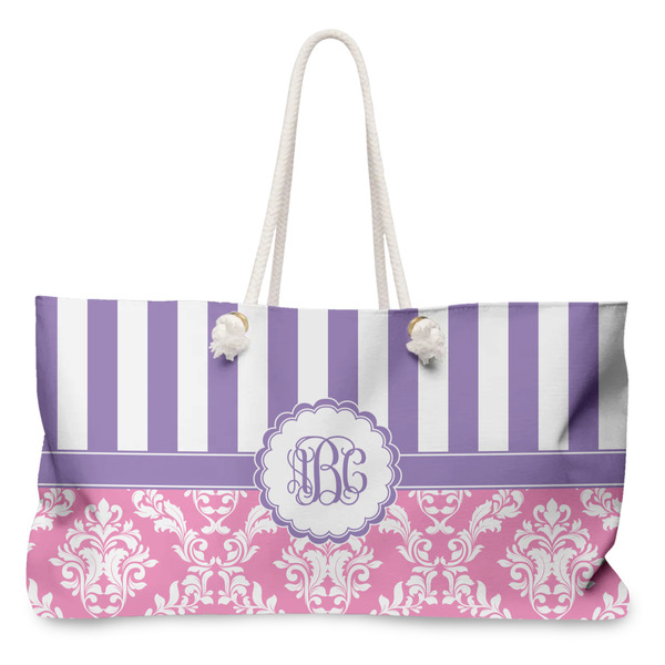 Custom Pink & Purple Damask Large Tote Bag with Rope Handles (Personalized)