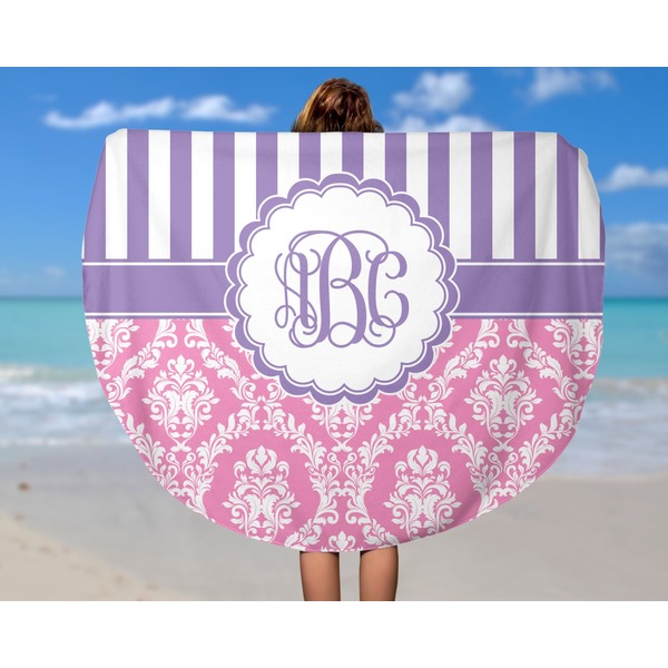 Pink & Purple Damask Round Beach Towel - In Use