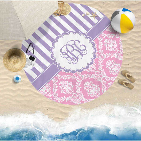Pink & Purple Damask Round Beach Towel Lifestyle