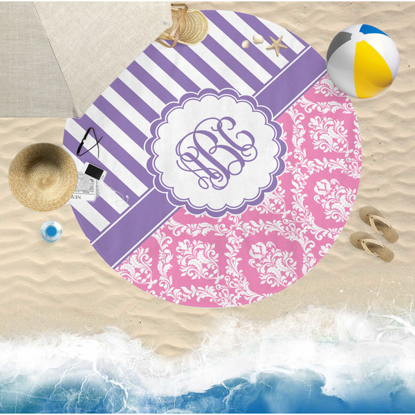 Pink & Purple Damask Round Beach Towel Lifestyle