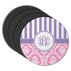 Pink & Purple Damask Round Rubber Backed Coasters - Set of 4 (Personalized)