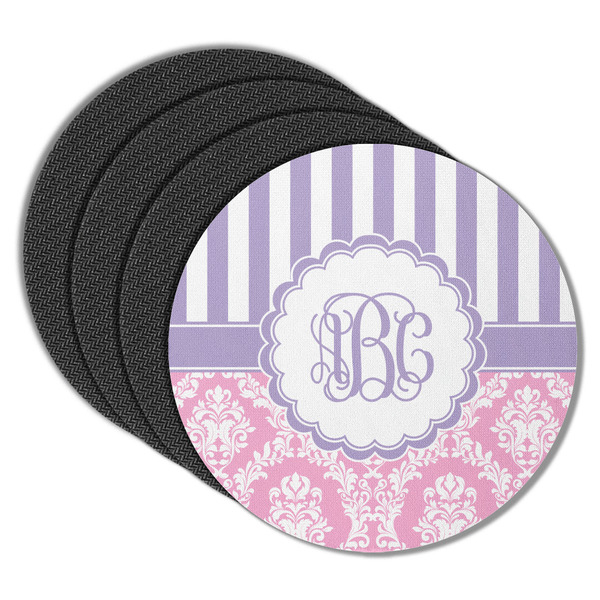 Custom Pink & Purple Damask Round Rubber Backed Coasters - Set of 4 (Personalized)