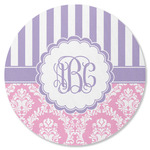 Pink & Purple Damask Round Rubber Backed Coaster (Personalized)