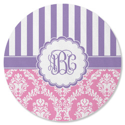 Pink & Purple Damask Round Rubber Backed Coaster (Personalized)