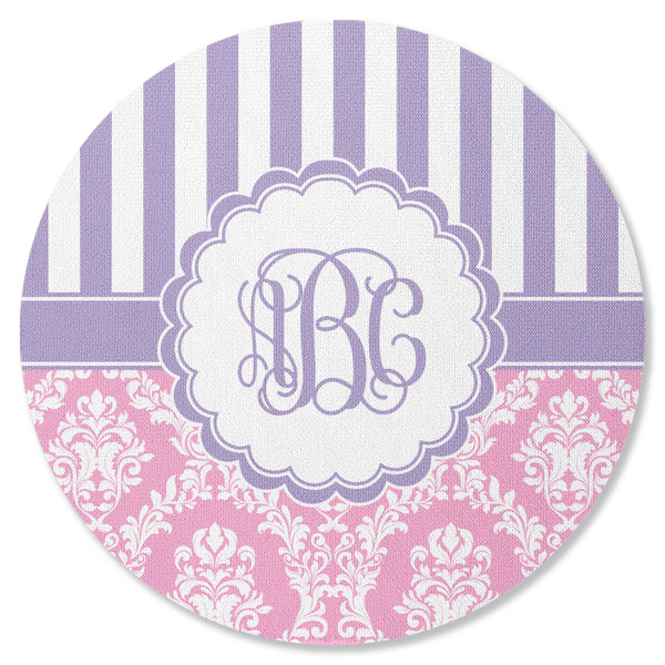 Custom Pink & Purple Damask Round Rubber Backed Coaster (Personalized)