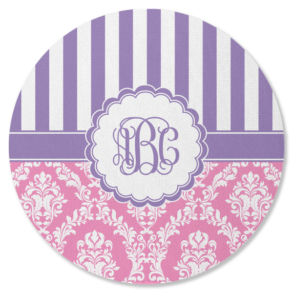 Custom Pink & Purple Damask Round Rubber Backed Coaster (Personalized)