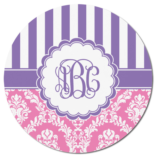 Pink & Purple Damask Round Fridge Magnet - FRONT