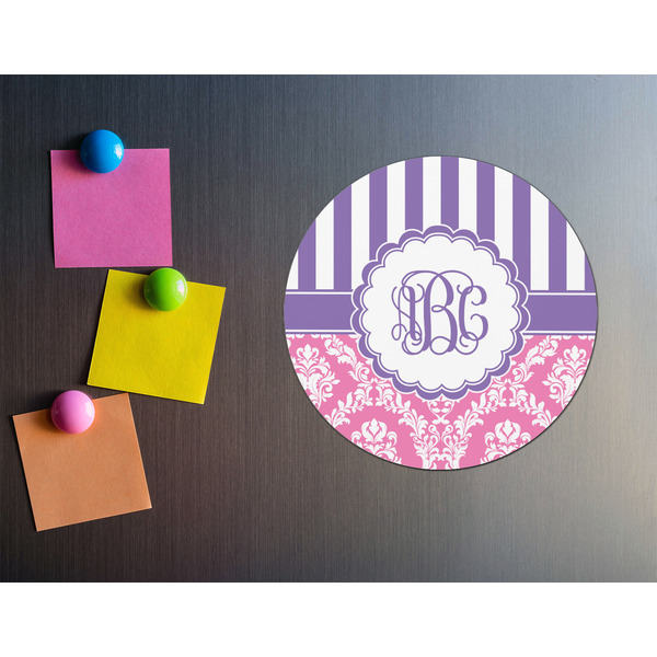 Pink & Purple Damask Round Fridge Magnet - LIFESTYLE