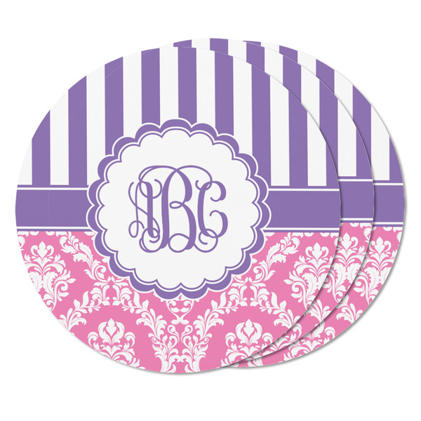 Pink & Purple Damask Round Fridge Magnet - THREE