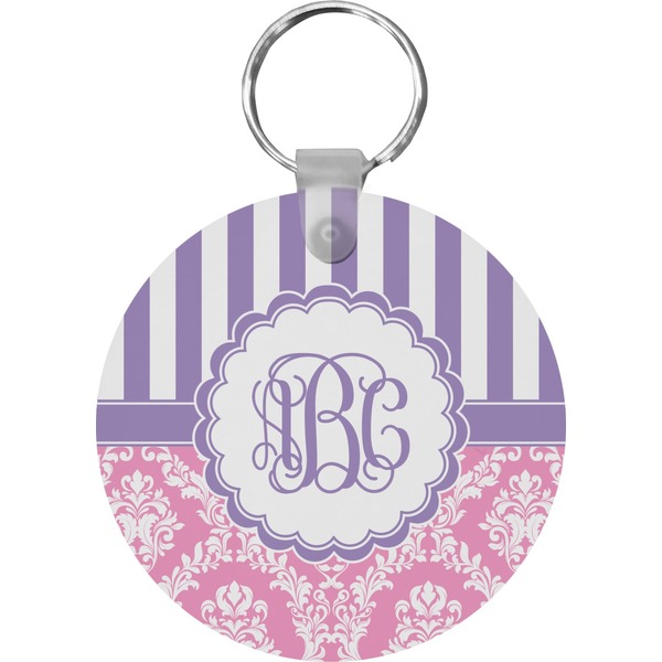 Custom Pink & Purple Damask Round Plastic Keychain (Personalized)