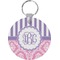 Pink & Purple Damask Round Plastic Keychain (Personalized)