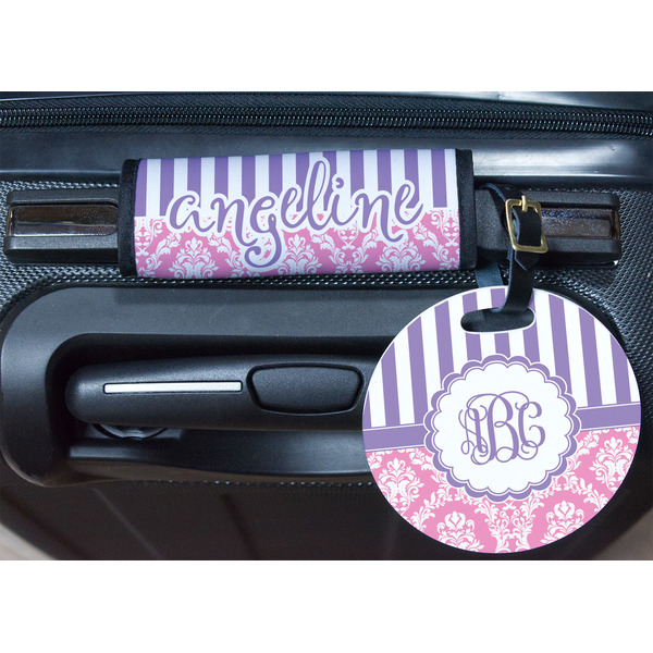 Pink & Purple Damask Round Luggage Tag & Handle Wrap - In Context