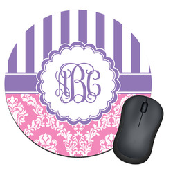 Pink & Purple Damask Round Mouse Pad (Personalized)
