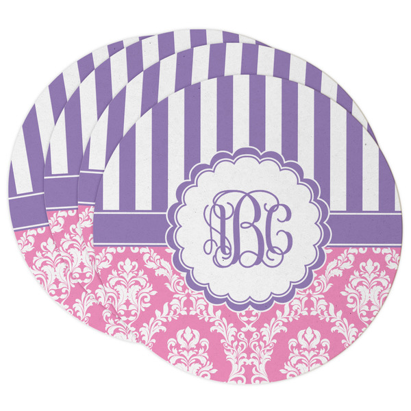 Custom Pink & Purple Damask Round Paper Coasters w/ Monograms