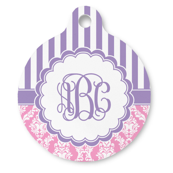 Custom Pink & Purple Damask Round Pet ID Tag (Personalized)