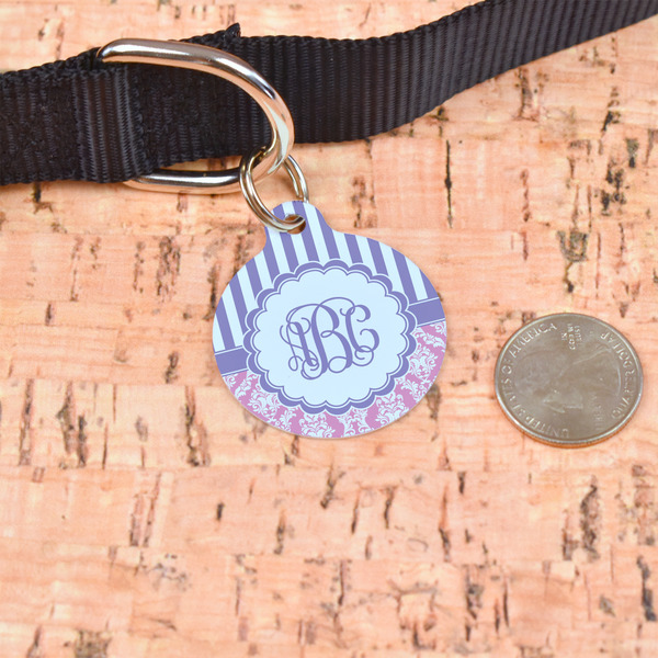 Pink & Purple Damask Round Pet ID Tag - Large - In Context