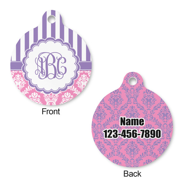 Pink & Purple Damask Round Pet Tag - Front & Back