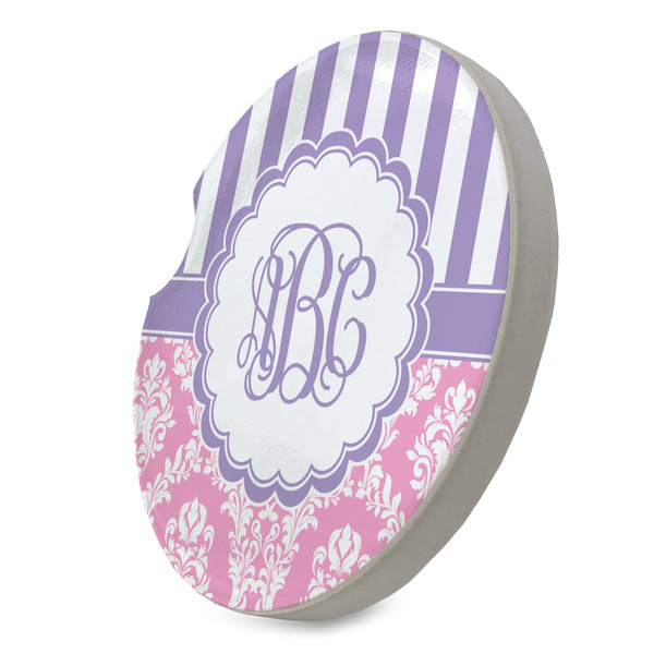Pink & Purple Damask Sandstone Car Coaster - STANDING ANGLE