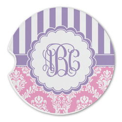 Pink & Purple Damask Sandstone Car Coaster - Single (Personalized)