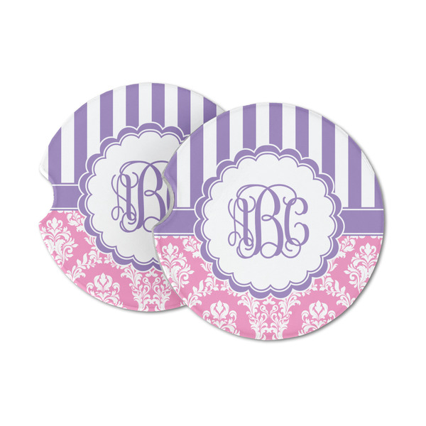 Custom Pink & Purple Damask Sandstone Car Coasters - Set of 2 (Personalized)