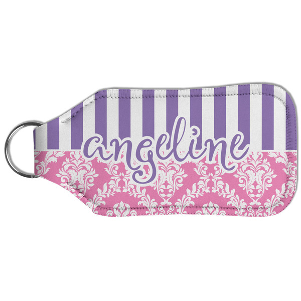Pink & Purple Damask Sanitizer Holder Keychain - Large (Back)