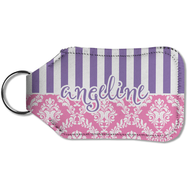 Pink & Purple Damask Sanitizer Holder Keychain - Small (Back)