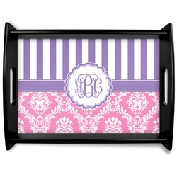 Pink & Purple Damask Black Wooden Tray - Large (Personalized)