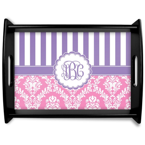 Custom Pink & Purple Damask Black Wooden Tray - Large (Personalized)
