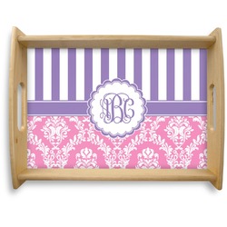 Pink & Purple Damask Natural Wooden Tray - Large (Personalized)
