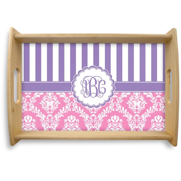 Custom Pink & Purple Damask Natural Wooden Tray - Small (Personalized)