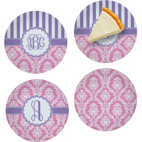 Custom Pink & Purple Damask Set of 4 Glass Appetizer / Dessert Plate 8" (Personalized)