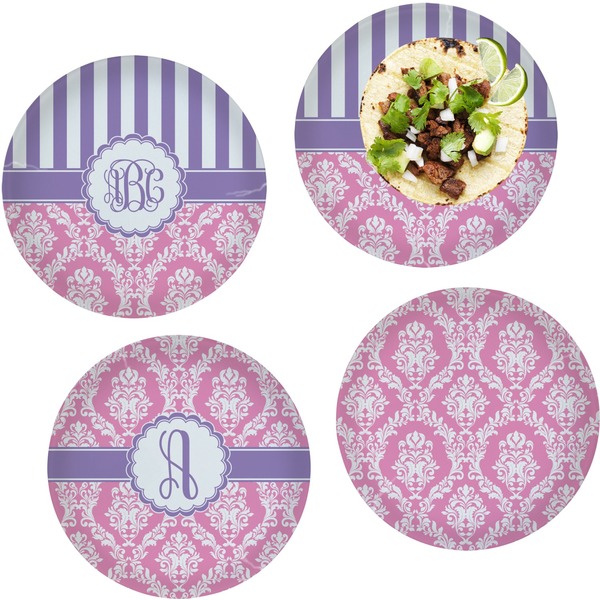 Custom Pink & Purple Damask Set of 4 Glass Lunch / Dinner Plate 10" (Personalized)