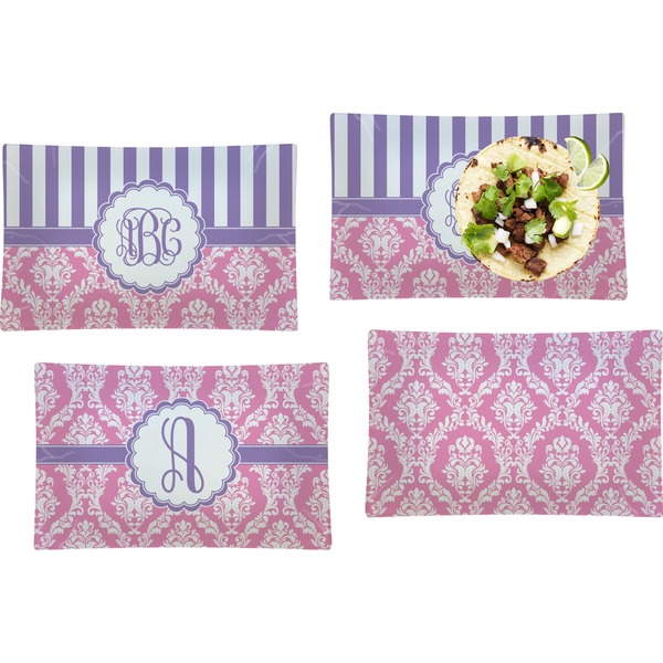 Custom Pink & Purple Damask Set of 4 Glass Rectangular Lunch / Dinner Plate (Personalized)