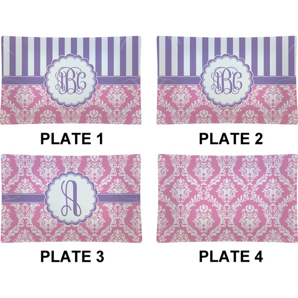 Pink & Purple Damask Set of Rectangular Dinner Plates (Approval)