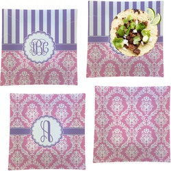 Pink & Purple Damask Set of 4 Glass Square Lunch / Dinner Plate 9.5" (Personalized)