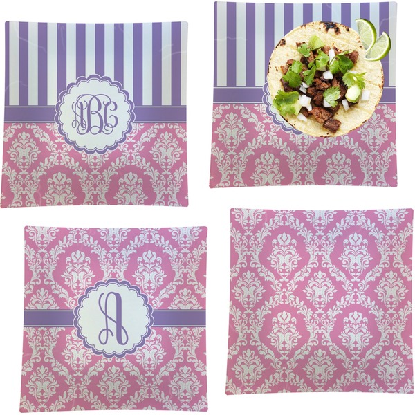 Custom Pink & Purple Damask Set of 4 Glass Square Lunch / Dinner Plate 9.5" (Personalized)