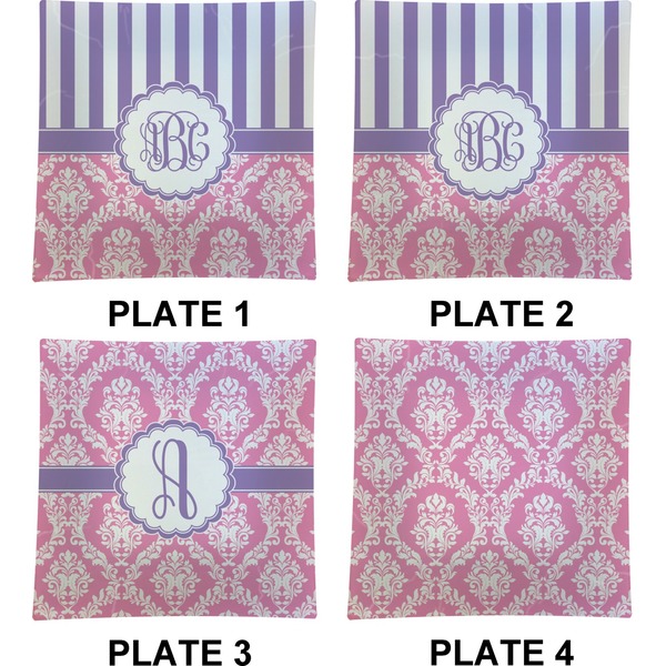 Pink & Purple Damask Set of Square Dinner Plates (Approval)