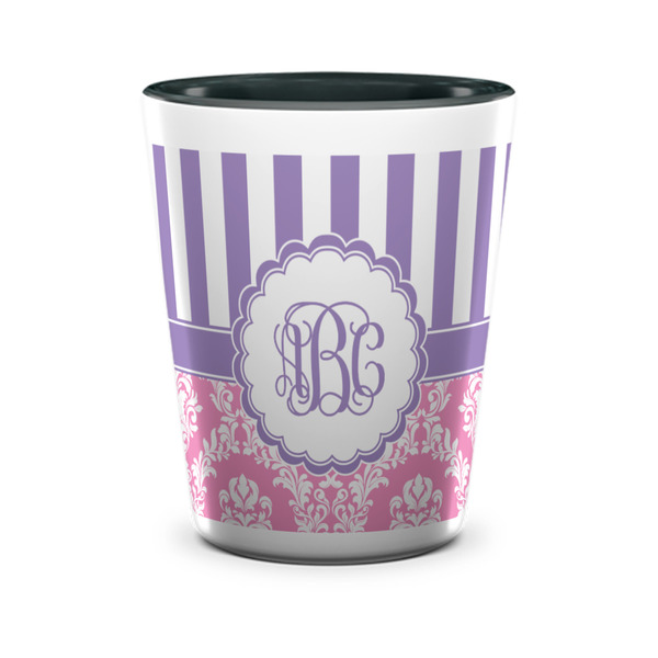 Custom Pink & Purple Damask Ceramic Shot Glass - 1.5 oz - Two Tone - Set of 4 (Personalized)