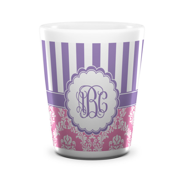 Custom Pink & Purple Damask Ceramic Shot Glass - 1.5 oz - White - Set of 4 (Personalized)