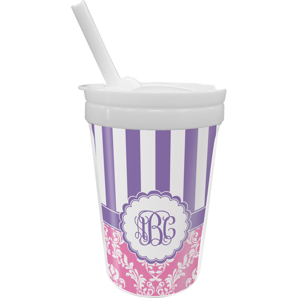 Custom Pink & Purple Damask Sippy Cup with Straw (Personalized)
