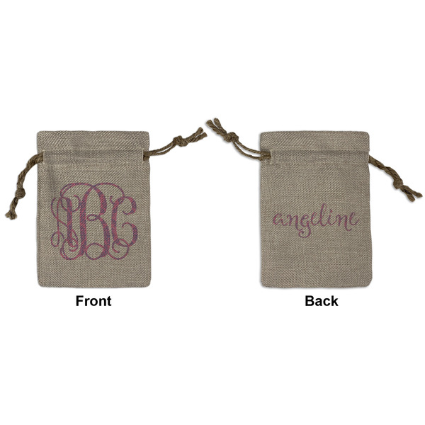 Custom Pink & Purple Damask Small Burlap Gift Bag - Front & Back (Personalized)