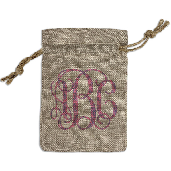 Custom Pink & Purple Damask Small Burlap Gift Bag - Front (Personalized)