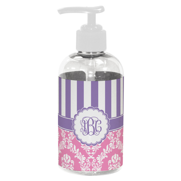 Custom Pink & Purple Damask Plastic Soap / Lotion Dispenser (8 oz - Small - White) (Personalized)