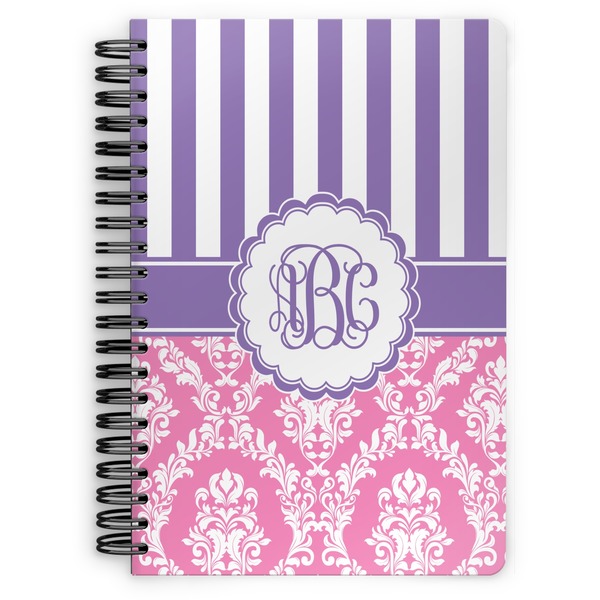 Custom Pink & Purple Damask Spiral Notebook - 7x10 w/ Monogram