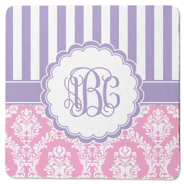Custom Pink & Purple Damask Square Rubber Backed Coaster (Personalized)