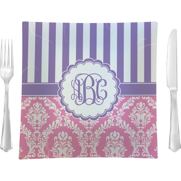 Custom Pink & Purple Damask Glass Square Lunch / Dinner Plate 9.5" (Personalized)